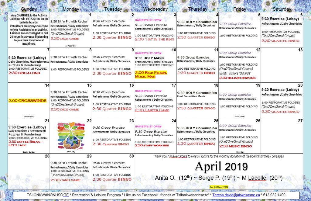 Tsiionkwanonhso:te Activity Calendar – Mohawk Council of Akwesasne