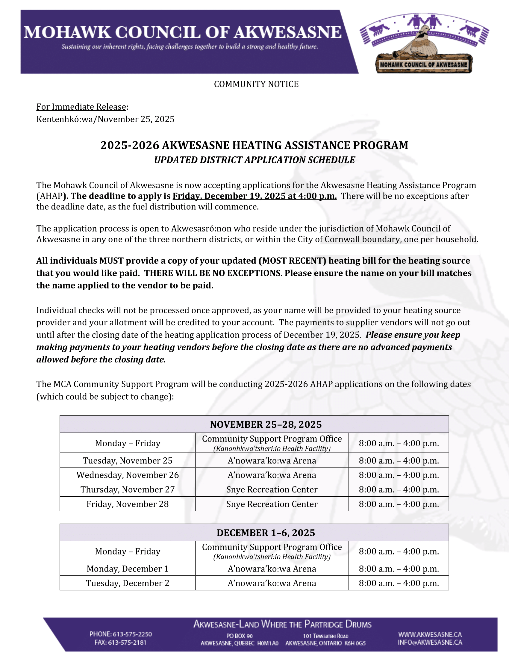 2025 2026 AKWESASNE HEATING ASSISTANCE PROGRAM 112525 Mca Notice 2025 2026 Akwesasne Heating Assistance Program Updated Schedule 1 